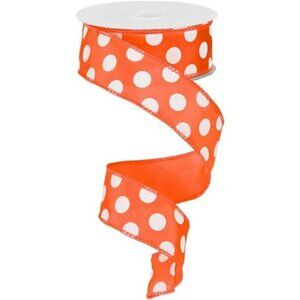 Orange White Polka Dot Wired Ribbon 1 5 Inch x 30 Feet for Wreaths Bows Crafts